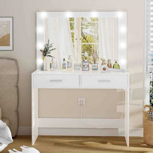 Vanity Desk Lighted Mirror Charging Station Drawers Table Set White