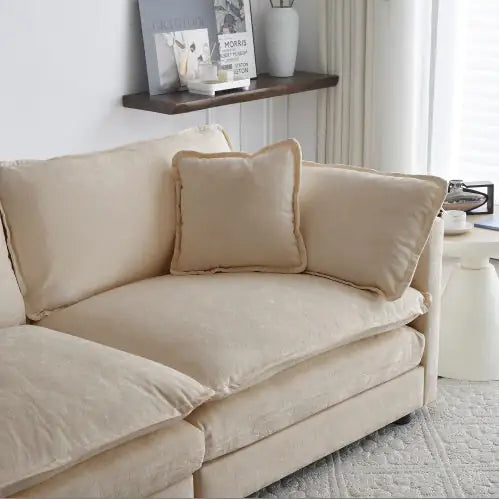 Modern Beige Chenille Loveseat Sofa – Deep Seat 2-Seater Couch with 4 Pillows