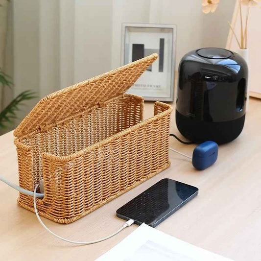 Handmade Cable Management Box, Durable Rattan Cable Organizer, 2 Open Slots Cords Hider Box, under Desk Cord Organizer