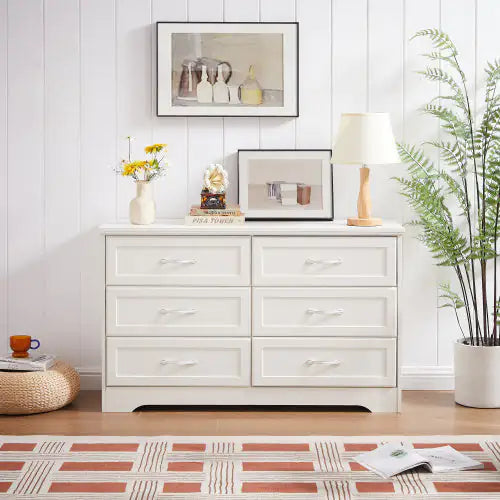 Modern White 6-Drawer Dresser – Wide Chest of Drawers with Metal Pulls for Bedroom & Living Spaces - Luxe Haus Studio