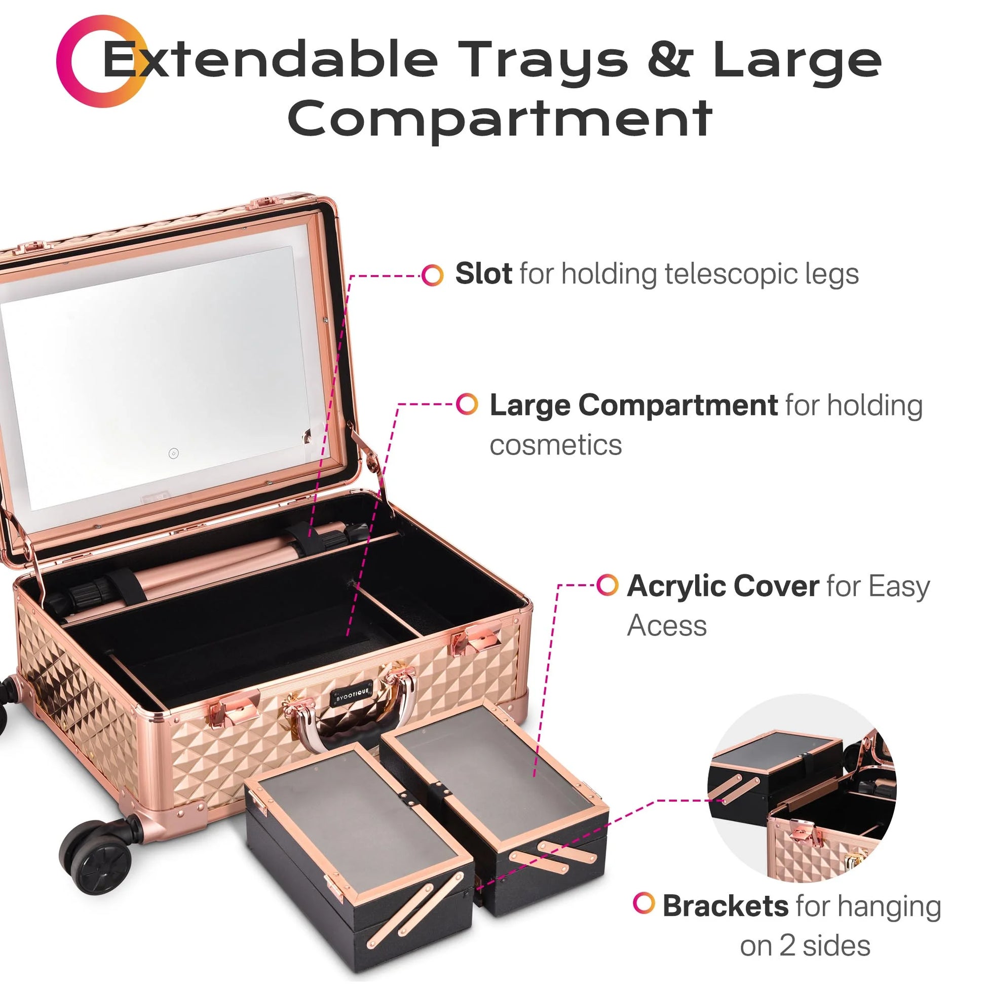 Rolling Makeup Case Mirror LED Lighted 20Inch Adjustable Brightness Extendable Tray for Makeup Artist Travel Studio
