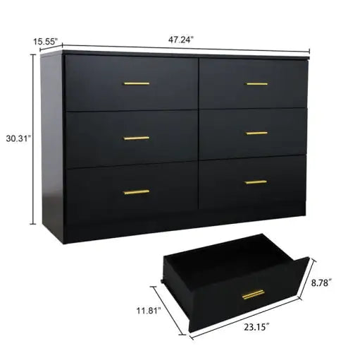 Modern Black 6-Drawer Dresser – Wide Contemporary Chest of Drawers with Ample Storage - Luxe Haus Studio
