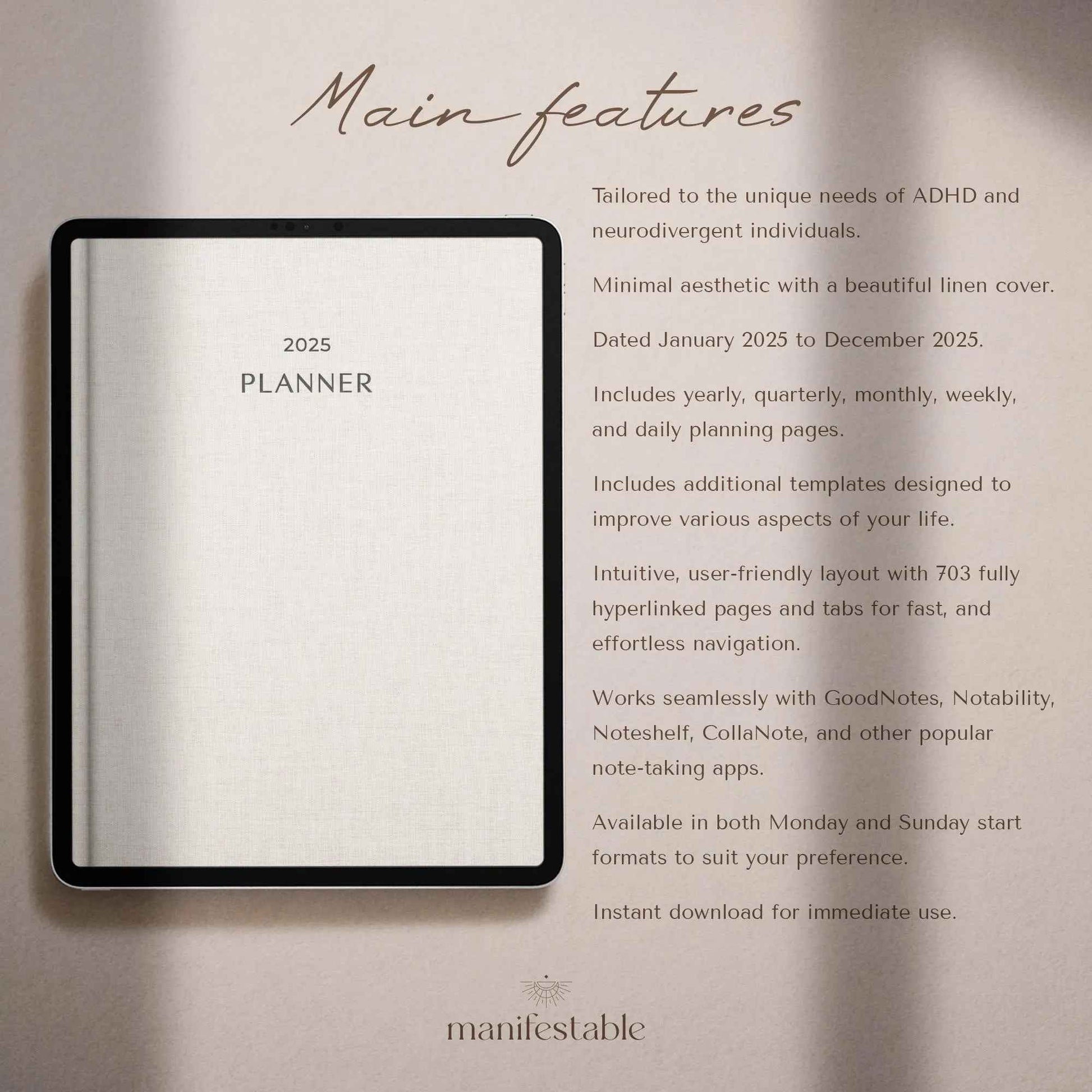 ADHD Digital Planner, 2025 Digital Planner, ADHD Planner, Daily Planner, Weekly Planner, Monthly Planner, Goodnotes Planner, Ipad Planner