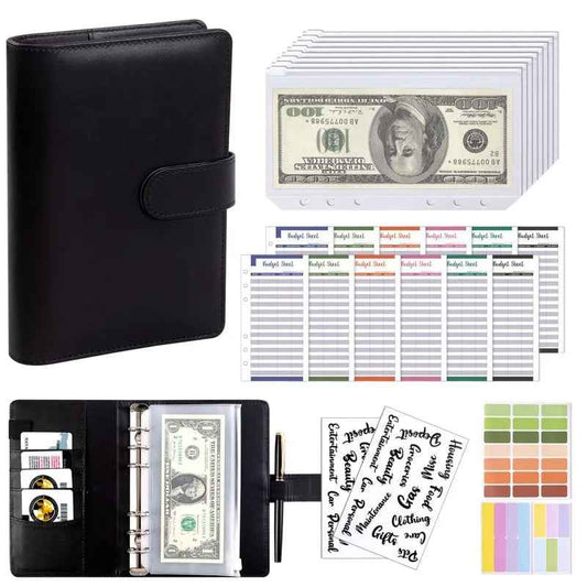 PU Leather Notebook Binder Budget Saving Money Planner Money Organizer for Cash Savings Zipper Envelope Pockets Stickers