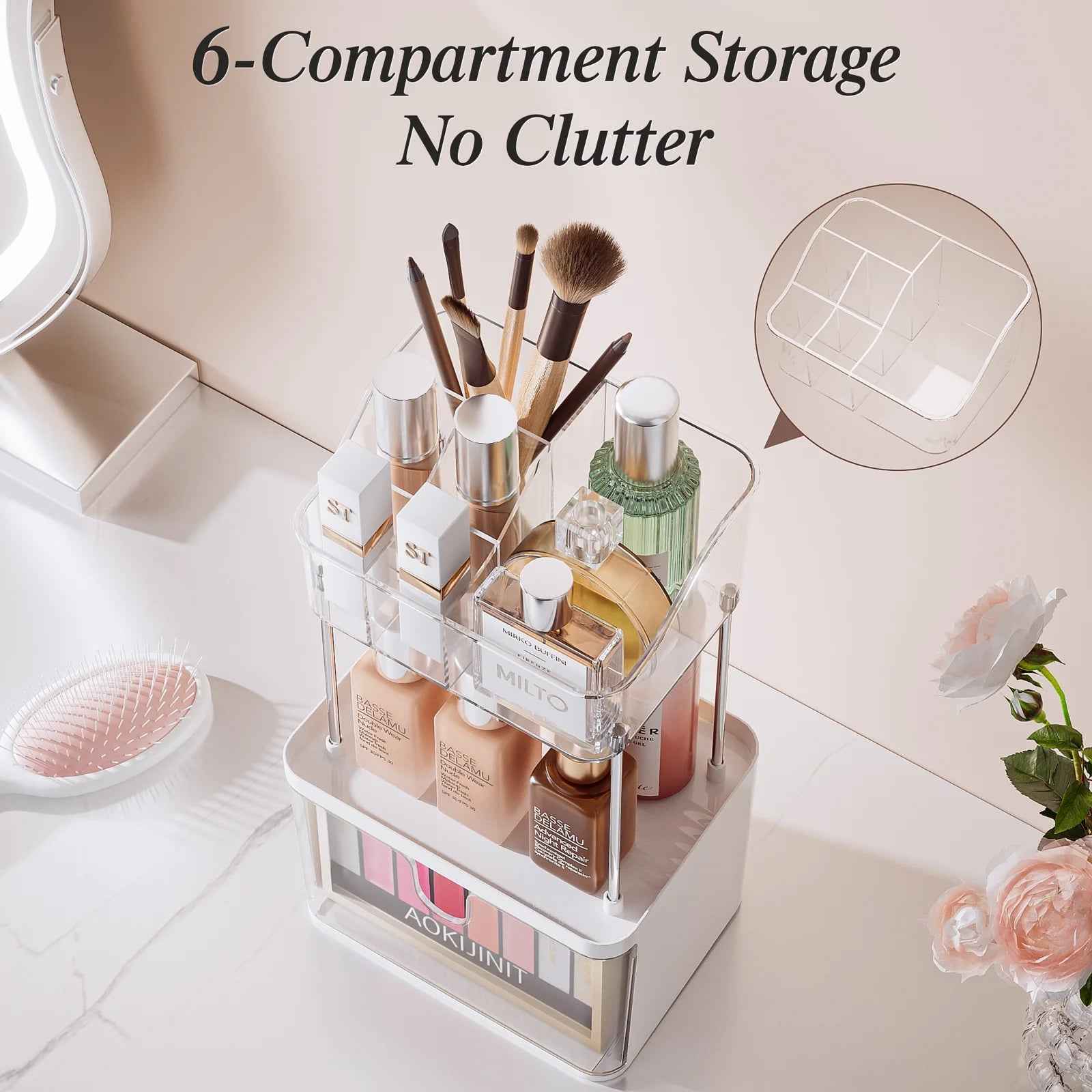 2 Layer Makeup Organizer with Drawer, Makeup Storage Bathroom Vanity Lipstick Brush Holder Skincare Organizer, Clear White