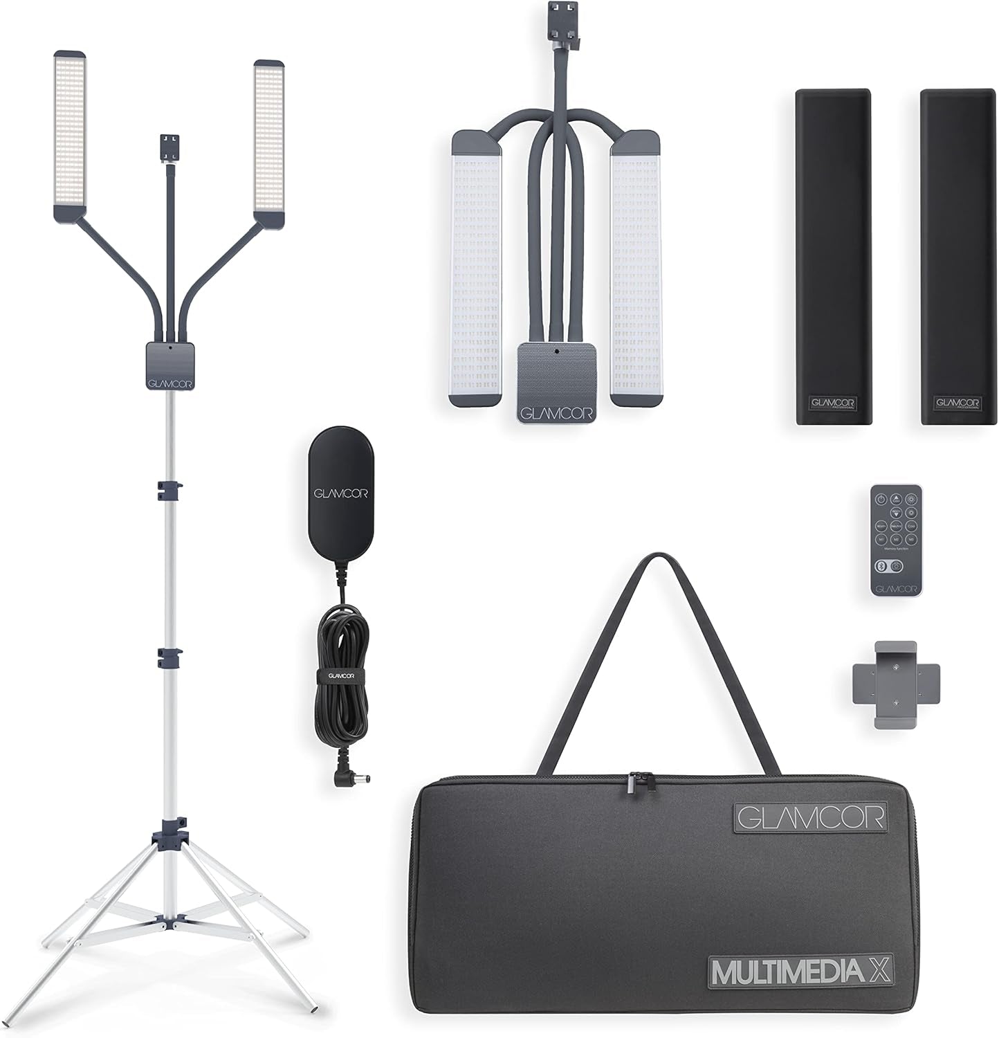 Multimedia X Portable LED Lighting Kit | Remote Controlled 2700K - 5600K Color Temperature | Smartphone Mount with Selfie Control (Grey)