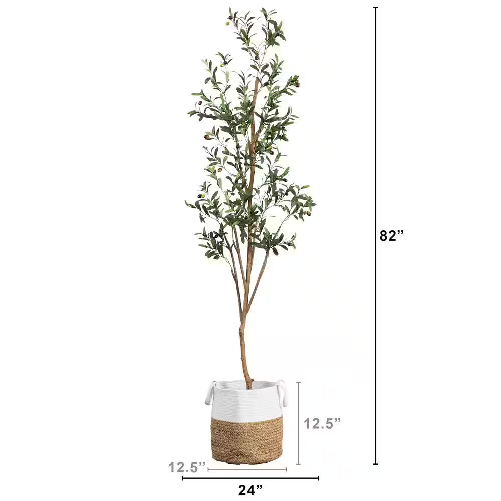 7 Ft. Artificial Olive Tree with Natural Trunk and Handmade Jute Basket