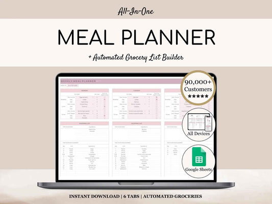 Weekly Meal Planner and Grocery List | Google Sheets Digital Template | Automated Shopping List | Food Prep | Printable Digital Meal Planner