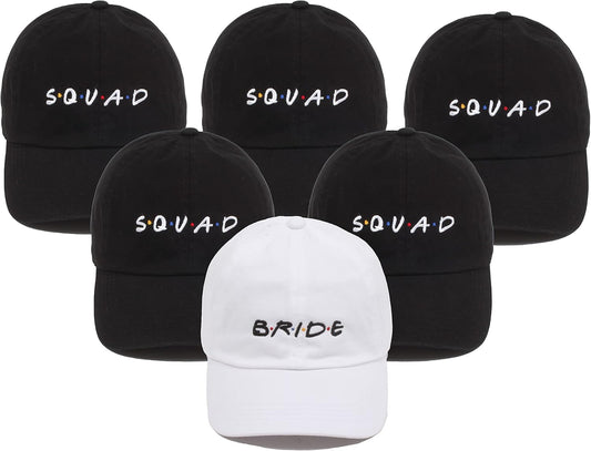 Bridal Baseball Hat, 100% Cotton Embroidered Cap, One Size Fits Most, Bachelorette Party Hats - 6 Pack: Bride (White) & 5 Squad (Black)