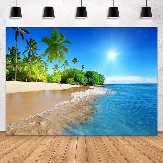 10X7Ft Tropical Beach Summer Sunshine Backdrop Beach Coast Tropical Paradise Blue Sea Sky Coconut Tree Photography Background Themed Party Backdrop Photo Booth Studio Props FH1200