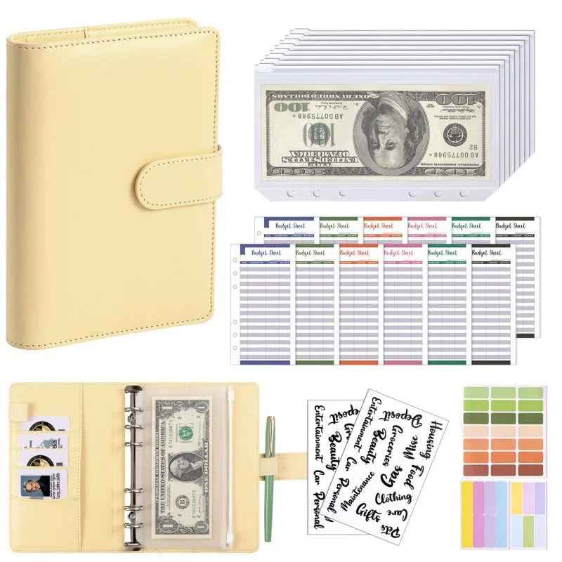 PU Leather Notebook Binder Budget Saving Money Planner Money Organizer for Cash Savings Zipper Envelope Pockets Stickers