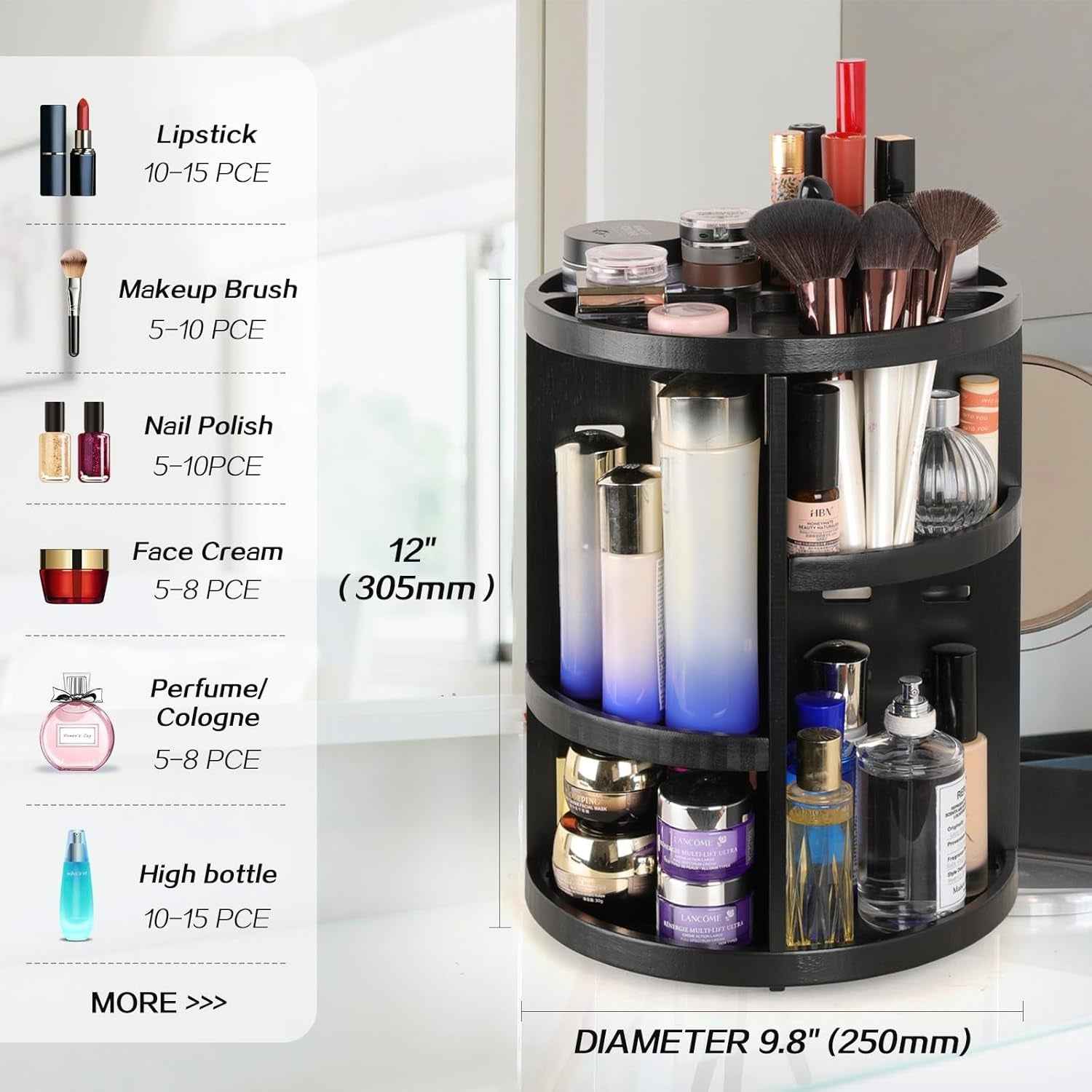Rotating Bamboo Makeup Organizer,360 Degree Spinning Adjustable Bamboo Vanity Makeup Holder Rack,Large Capacity Cosmetics Storage Display Box,Fits Makeup,Skincare,Cologne(Black)