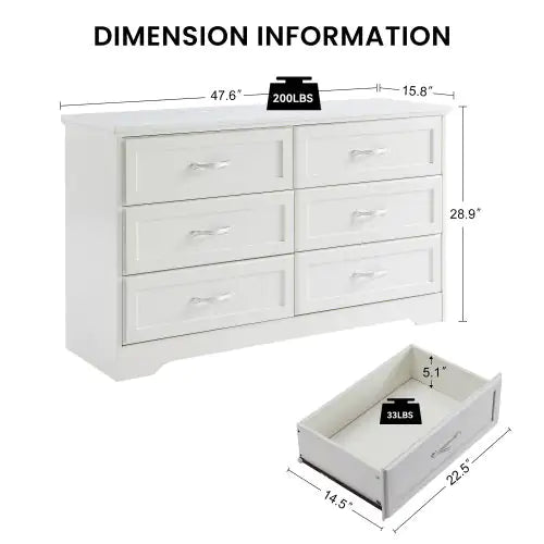 Modern White 6-Drawer Dresser – Wide Chest of Drawers with Metal Pulls for Bedroom & Living Spaces - Luxe Haus Studio