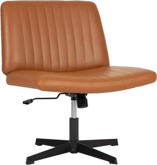 Criss Cross Chair Wide Desk Chair Comfy Computer Chair Vanity Chair Wide Office Chair No Wheels Cross Legged Office Chair Armless Office Chair, Brown