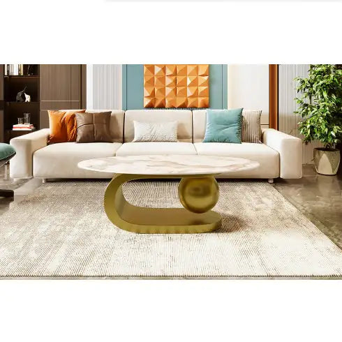 Modern Oval Coffee Table – Marble Pattern Sintered Stone Top with Gold Stainless Steel Base (47.2”)