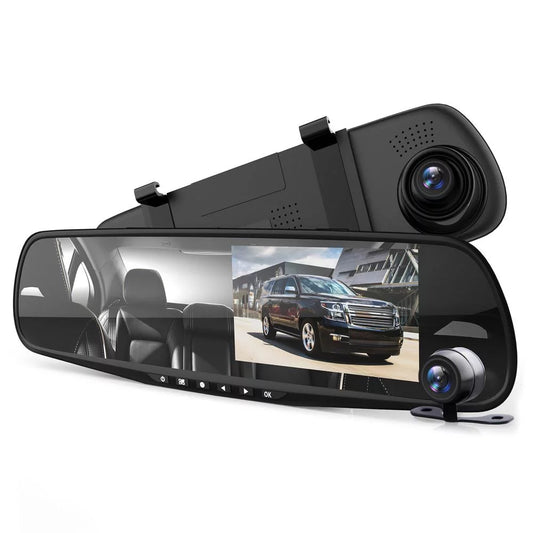 Dash Cam Rearview Mirror - 4.3” DVR Monitor Rear View Dual Camera Video Recording System