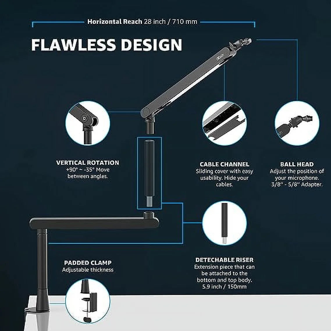 Foldable 360° Low Profile Microphone Stand and Boom, 26.10" X 1.38" X 1.18", 3.74 Lbs