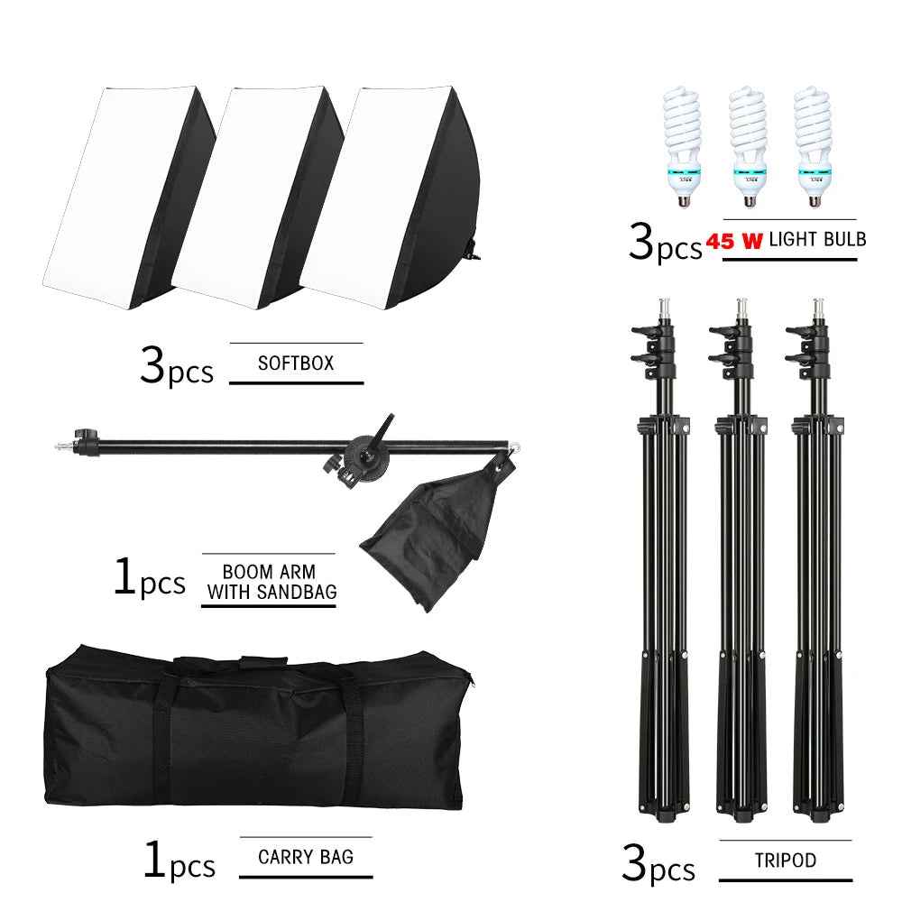 Professional Photo Studio Softbox Lights Continuous Lighting Kit Accessories Equipment with 3Pcs Soft Box,Led Blub,Tripod Stand