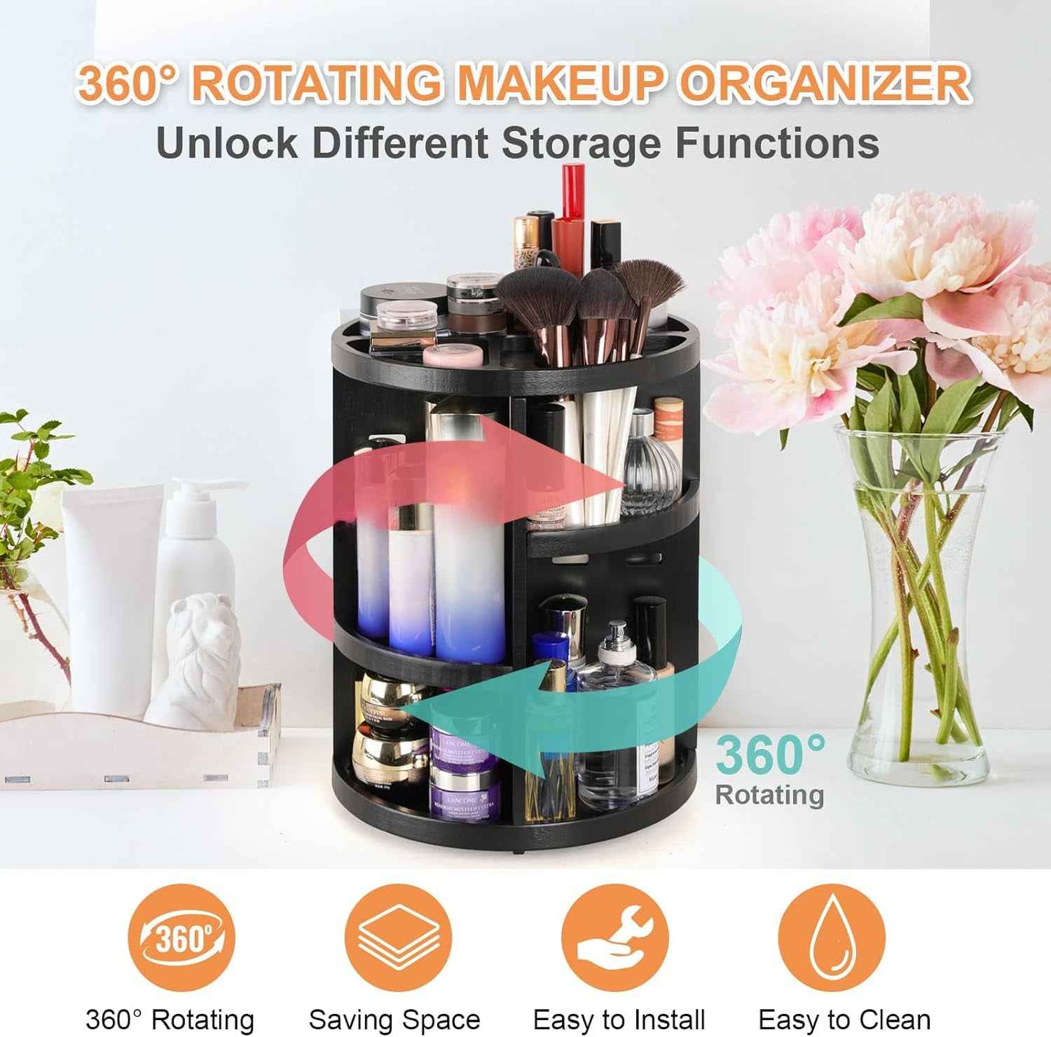 Rotating Bamboo Makeup Organizer,360 Degree Spinning Adjustable Bamboo Vanity Makeup Holder Rack,Large Capacity Cosmetics Storage Display Box,Fits Makeup,Skincare,Cologne(Black)