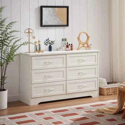 Modern White 6-Drawer Dresser – Wide Chest of Drawers with Metal Pulls for Bedroom & Living Spaces