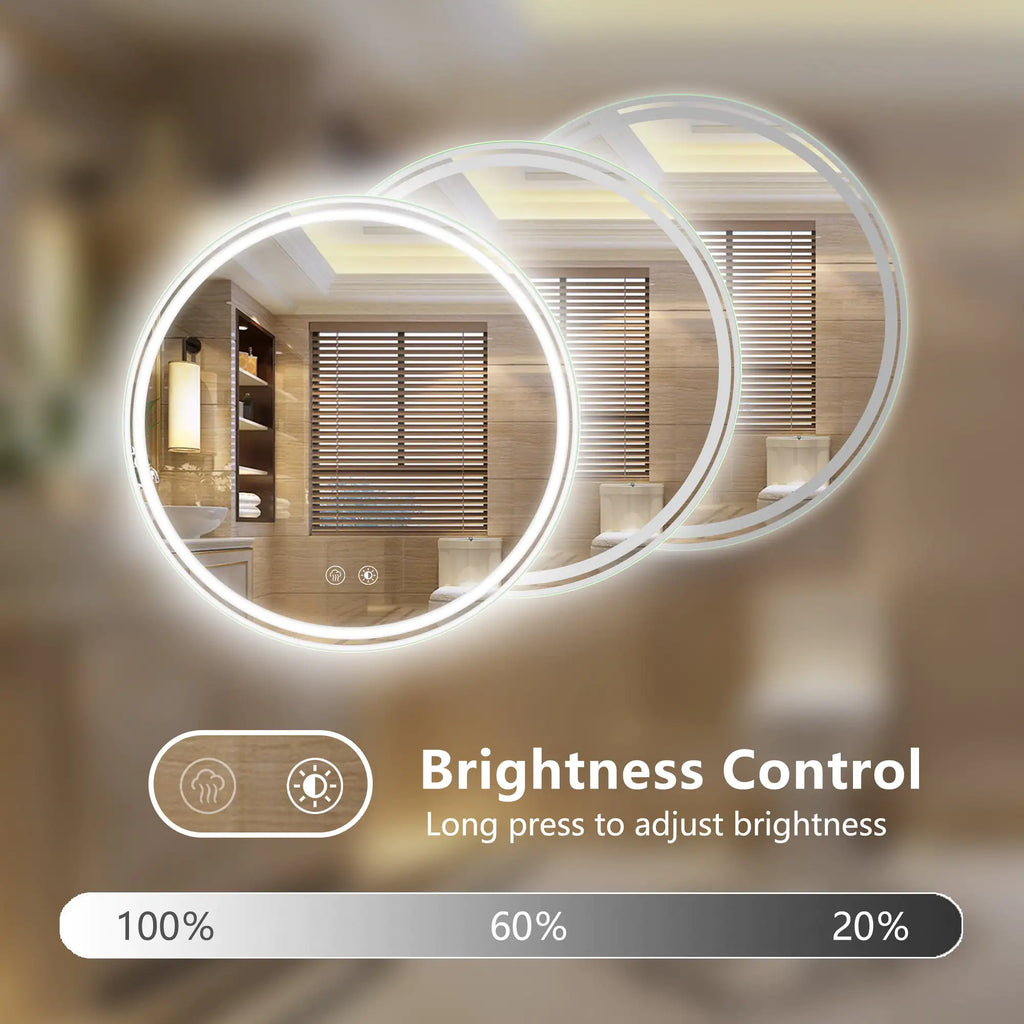 24” Round LED Bathroom Mirror – Dimmable Anti-Fog Vanity Mirror with 3-Color Lighting