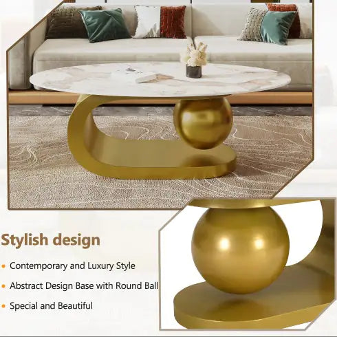 Modern Oval Coffee Table – Marble Pattern Sintered Stone Top with Gold Stainless Steel Base (47.2”) - Luxe Haus Studio