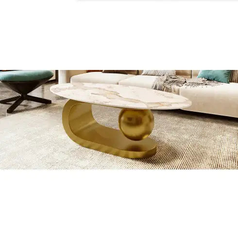 Modern Oval Coffee Table – Marble Pattern Sintered Stone Top with Gold Stainless Steel Base (47.2”) - Luxe Haus Studio