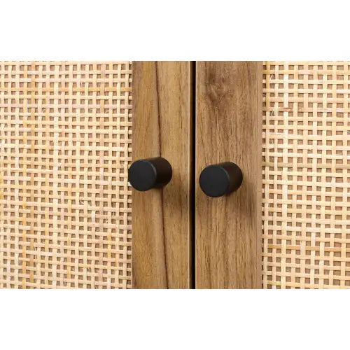 Natural Rattan 2-Door High Cabinet – Walnut Freestanding Storage with Adjustable Shelf - Luxe Haus Studio