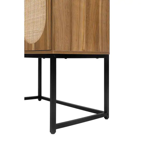 Natural Rattan 2-Door High Cabinet – Walnut Freestanding Storage with Adjustable Shelf - Luxe Haus Studio