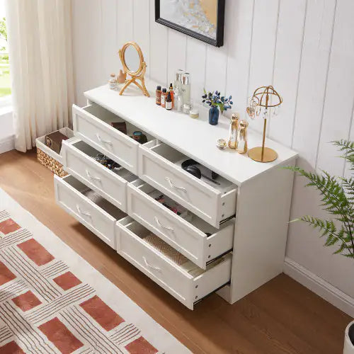 Modern White 6-Drawer Dresser – Wide Chest of Drawers with Metal Pulls for Bedroom & Living Spaces
