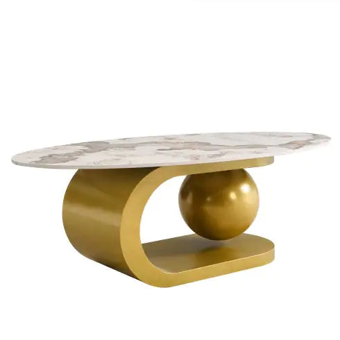 Modern Oval Coffee Table – Marble Pattern Sintered Stone Top with Gold Stainless Steel Base (47.2”) - Luxe Haus Studio