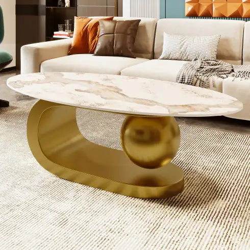 Modern Oval Coffee Table – Marble Pattern Sintered Stone Top with Gold Stainless Steel Base (47.2”) - Luxe Haus Studio