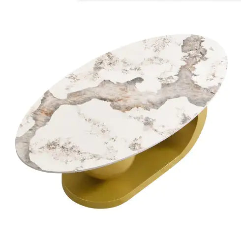 Modern Oval Coffee Table – Marble Pattern Sintered Stone Top with Gold Stainless Steel Base (47.2”) - Luxe Haus Studio