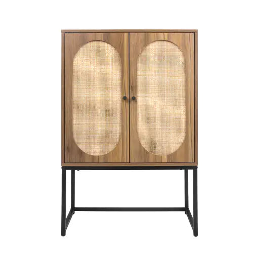 Natural Rattan 2-Door High Cabinet – Walnut Freestanding Storage with Adjustable Shelf