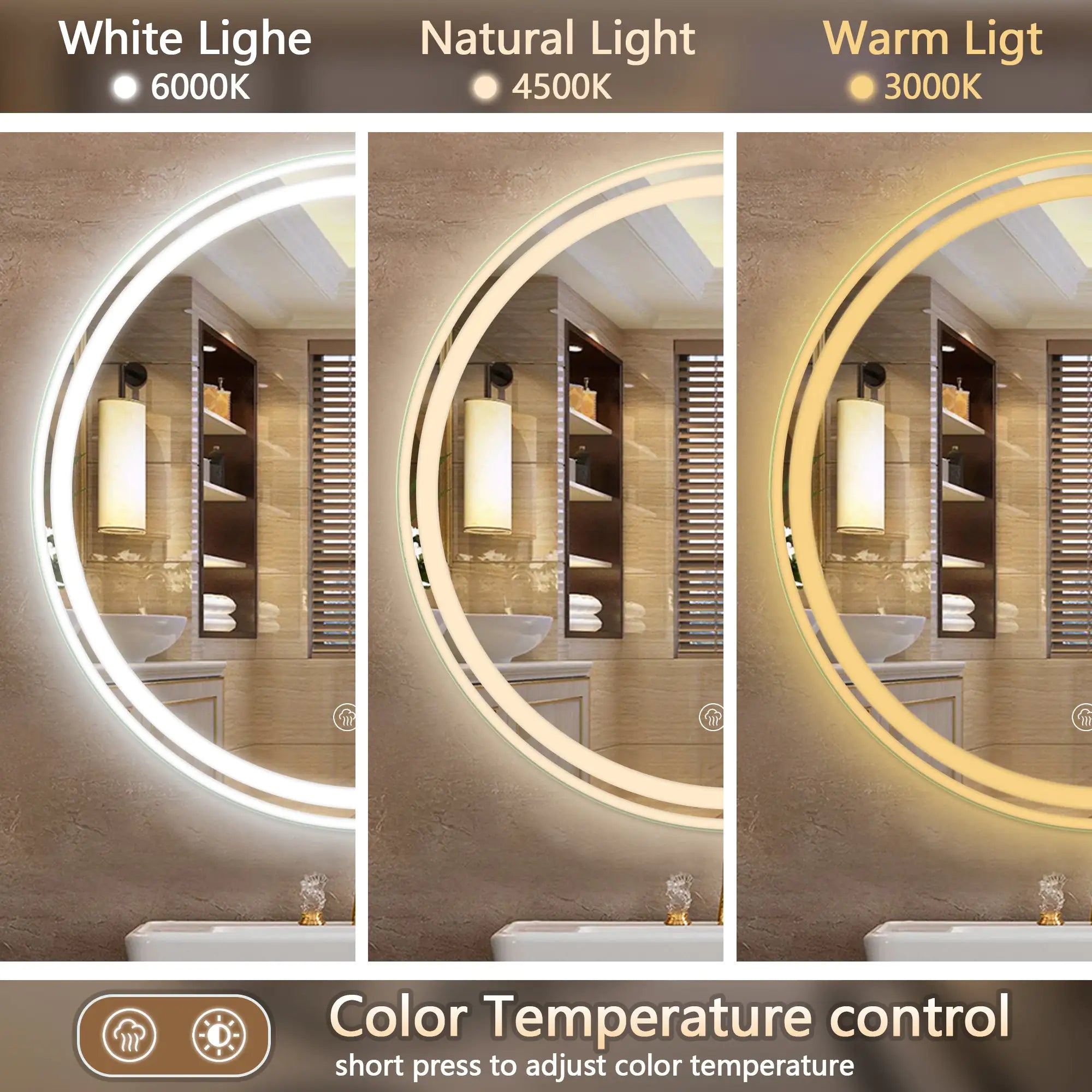 24” Round LED Bathroom Mirror – Dimmable Anti-Fog Vanity Mirror with 3-Color Lighting