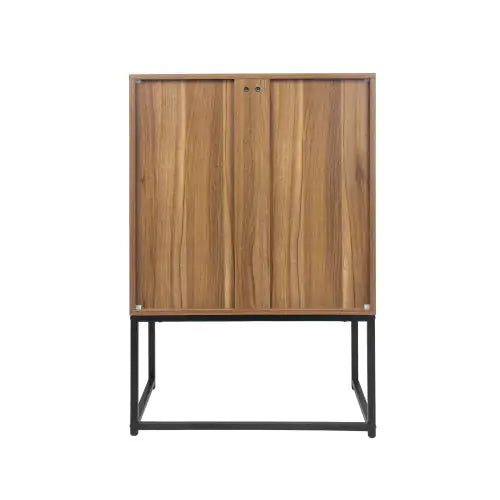 Natural Rattan 2-Door High Cabinet – Walnut Freestanding Storage with Adjustable Shelf - Luxe Haus Studio