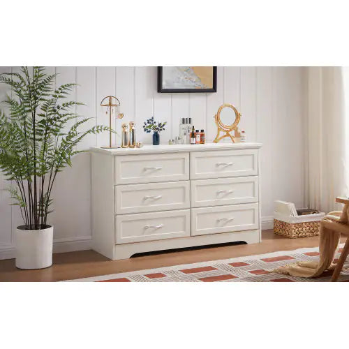 Modern White 6-Drawer Dresser – Wide Chest of Drawers with Metal Pulls for Bedroom & Living Spaces - Luxe Haus Studio