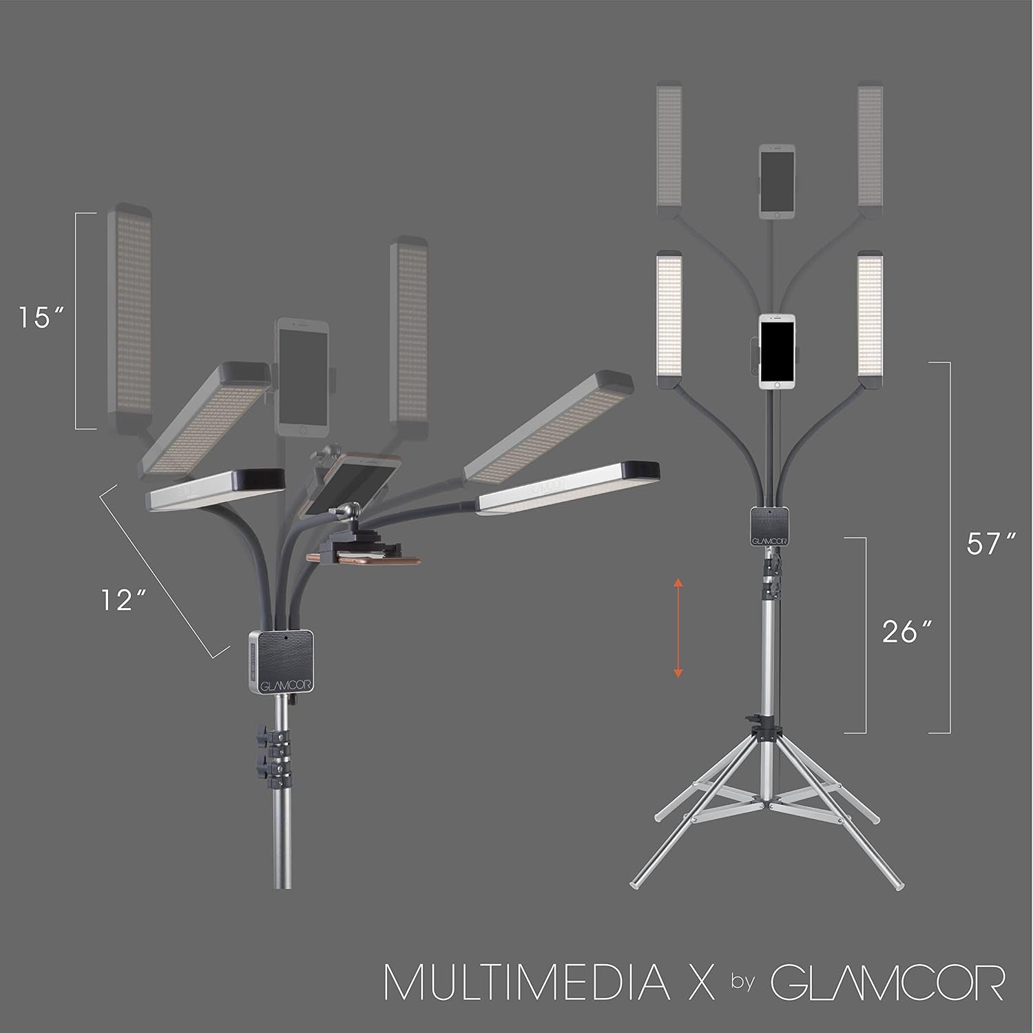 Multimedia X Portable LED Lighting Kit | Remote Controlled 2700K - 5600K Color Temperature | Smartphone Mount with Selfie Control (Grey)