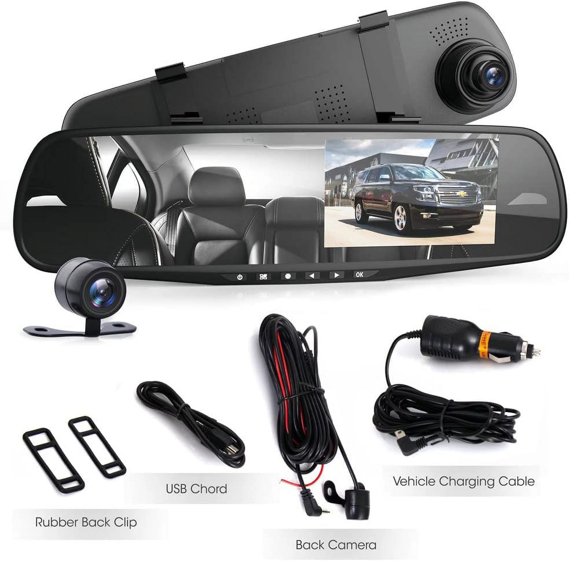 Dash Cam Rearview Mirror - 4.3” DVR Monitor Rear View Dual Camera Video Recording System