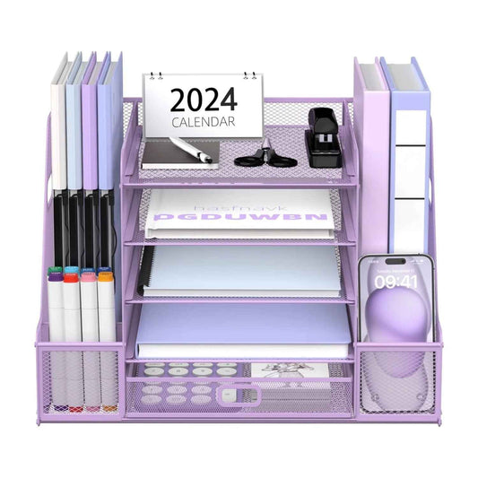 5-Tier Tray-Style Document Rack, Desktop Document Sorter with Bookends for Home and Office