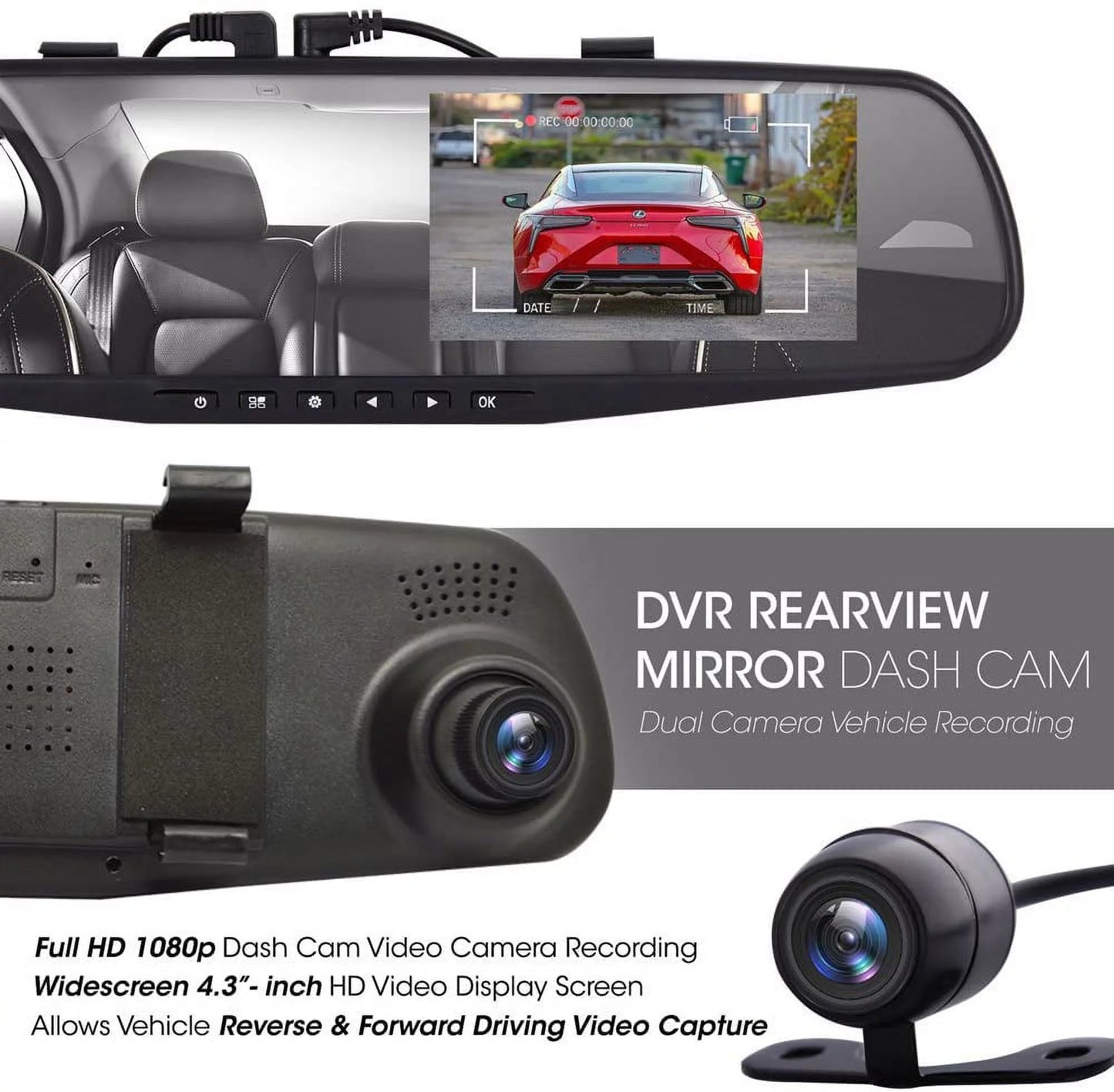 Dash Cam Rearview Mirror - 4.3” DVR Monitor Rear View Dual Camera Video Recording System