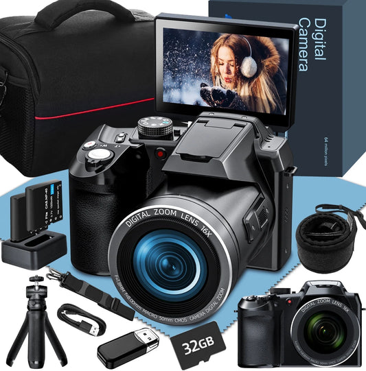 Digital Camera for Photography,4K 64MP Video Camera with 16X Digital Zoom and 32GB SD Card Black