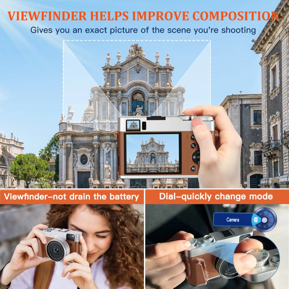 4K Digital Camera Auto Focus 48MP Vlogging Camera for Youtube and Anti-Shake Video Camera with Viewfinder Flash & Dial