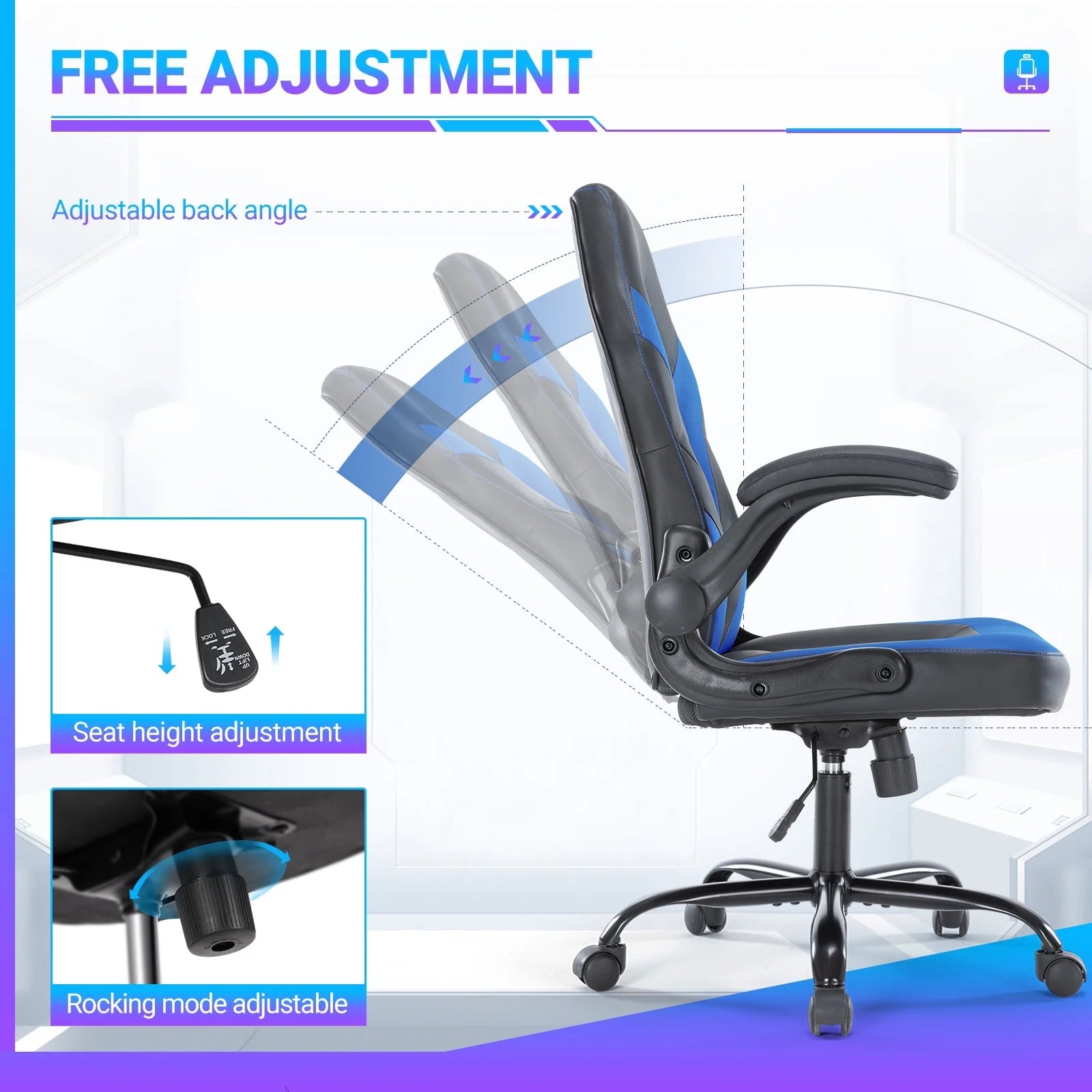 Gaming Chair, Computer Chair Ergonomic Office Chair PU Leather Desk Chair Executive Adjustable Swivel Task Chair with Flip-Up Armrest