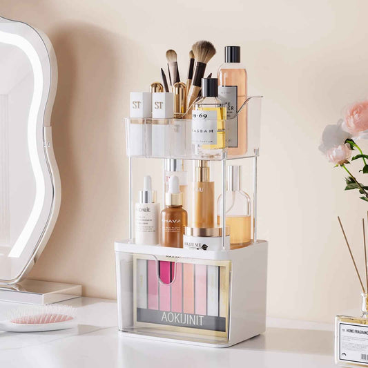 2 Layer Makeup Organizer with Drawer, Makeup Storage Bathroom Vanity Lipstick Brush Holder Skincare Organizer, Clear White