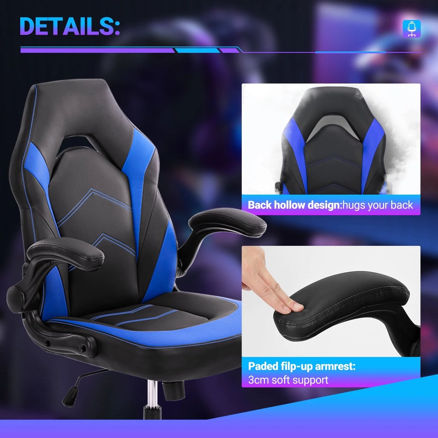 Gaming Chair, Computer Chair Ergonomic Office Chair PU Leather Desk Chair Executive Adjustable Swivel Task Chair with Flip-Up Armrest