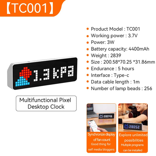 TC001 Smart Pixel Clock Youtube Followers Simultaneous Weather Forecast Function Pixelated Message Display