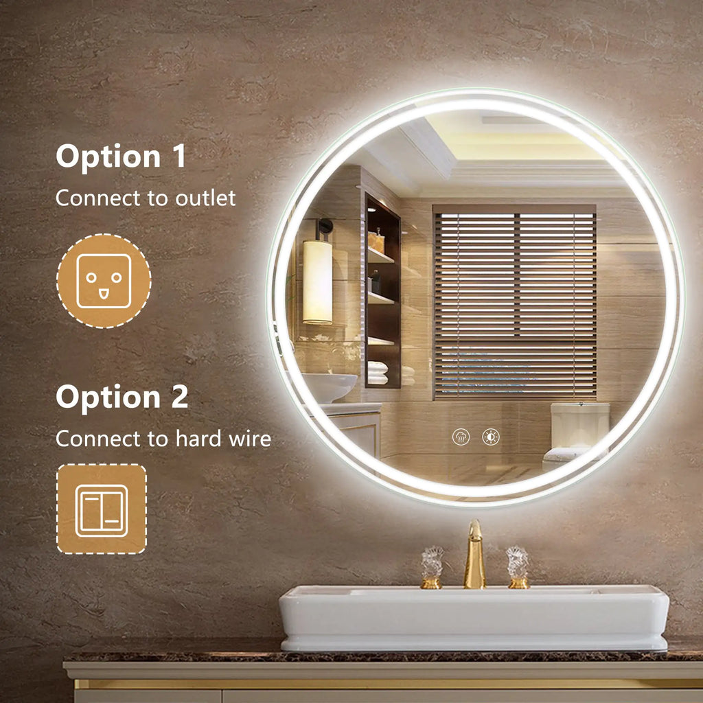 24” Round LED Bathroom Mirror – Dimmable Anti-Fog Vanity Mirror with 3-Color Lighting