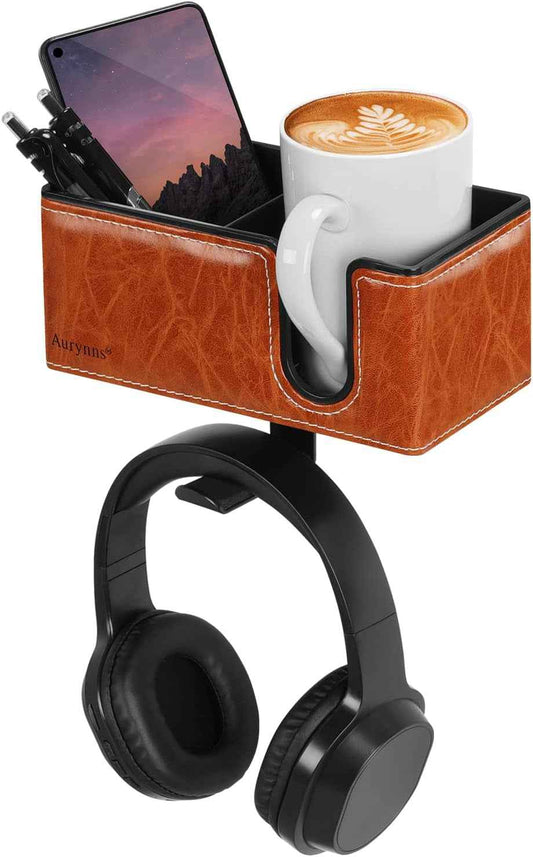 Desk Cup Holder Clip on Pen Holder Headphone Hanger Headset Stand Rotatable Clamp Hook under Desk (Light Brown)