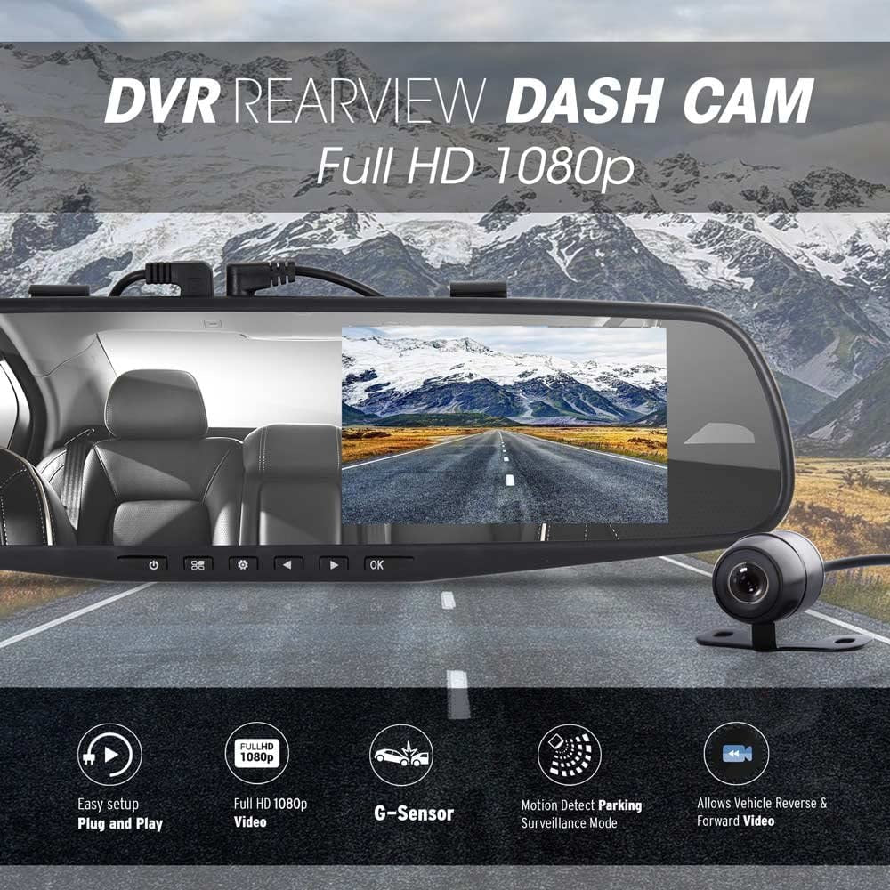 Dash Cam Rearview Mirror - 4.3” DVR Monitor Rear View Dual Camera Video Recording System